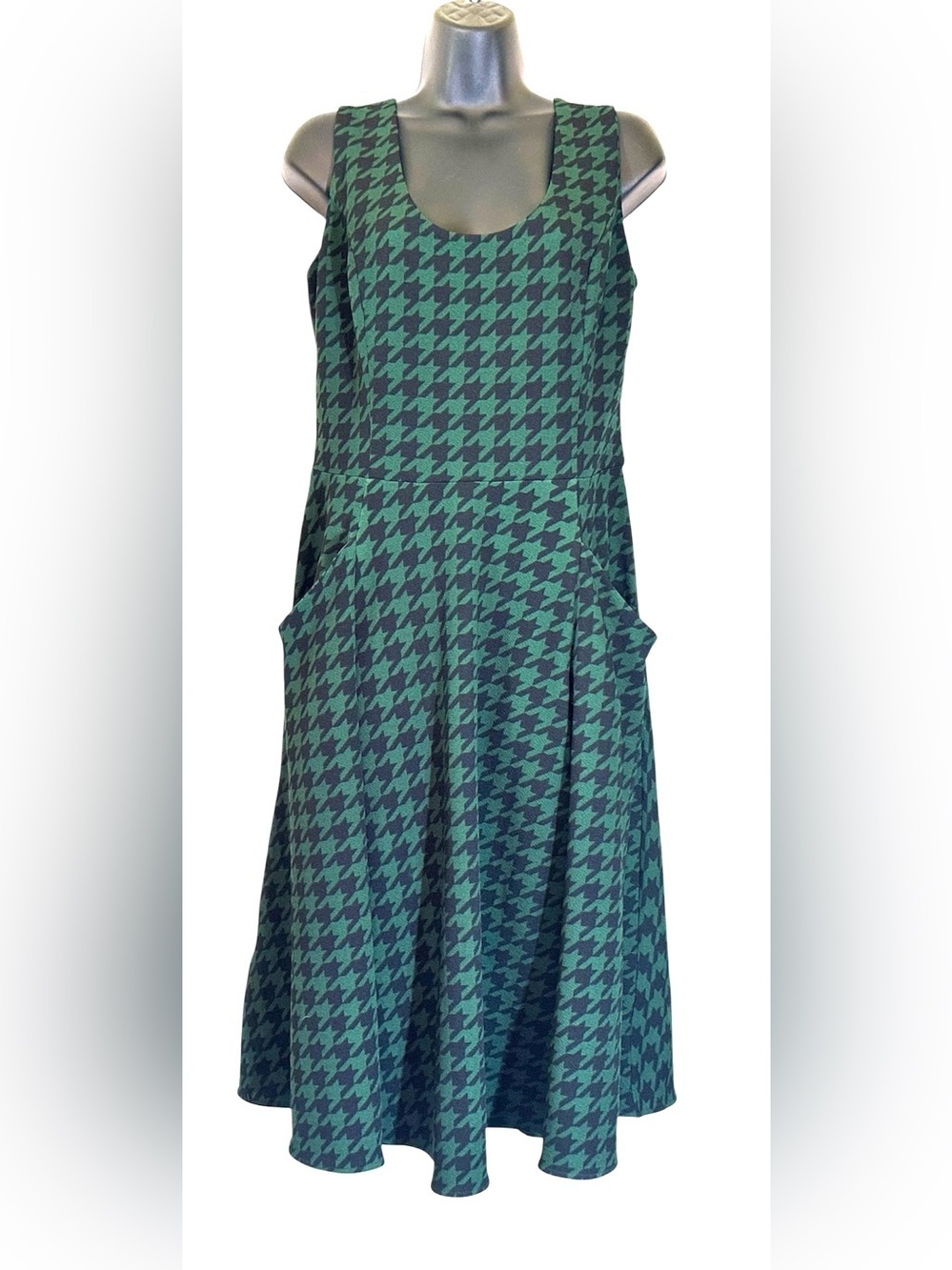 Collectif Gale Houndstooth Pinafore Swing Dress Green Black XL 12 Retro